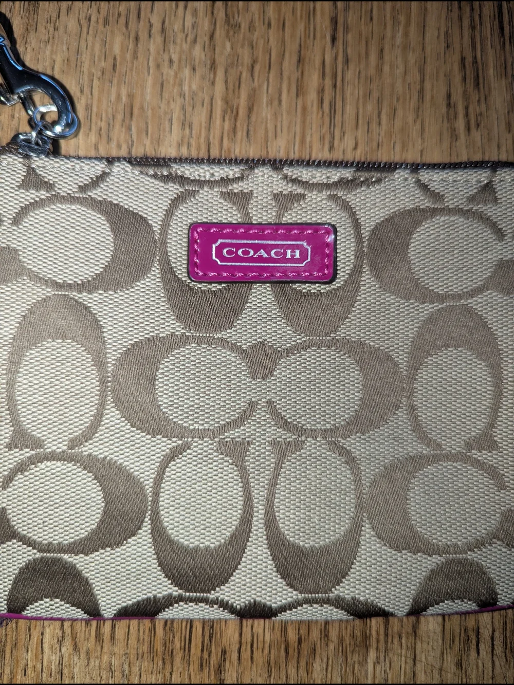 Coach Signature Canvas Wristlet in Tan with Pink Trim